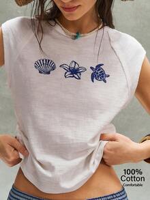 Bohemela Áo thun nữ cổ tròn dệt kim màu trơn, kiểu dáng thường ngày - trắng - Xem 1