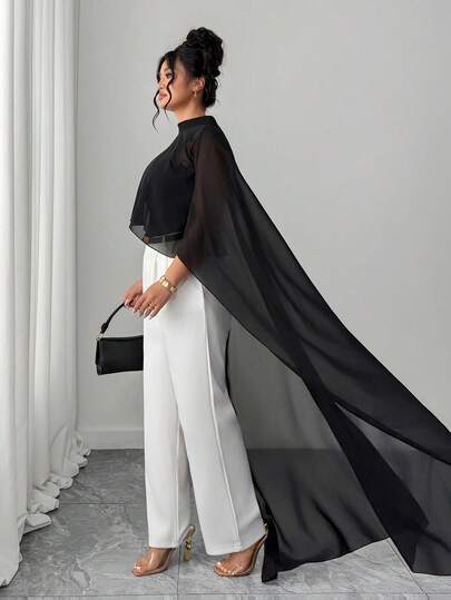 Elenzga Plus Size Women's Elegant Commuter Black Chiffon Shawl Blouse, Spring/Summer Flare Pants Plus Size Plus Size Women Clothes Two Piece Sets Two Piece Abaya Sheer Top Plus Size Wide Leg Pants Plus Size