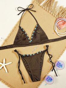 Swim SXY Bộ bikini gợi cảm, thoải mái, kiểu dáng yếm buộc dây, hở lưng, thắt nơ bên hông, đính hạt cườm, chất liệu vải bóng, thích hợp cho nữ, thích hợp mặc đi biển. - màu nâu - Xem 4