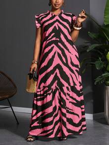 Veslaya Vestido de moda con estampado de bloques de color talla grande - Rosa Fucsia - Ver 8