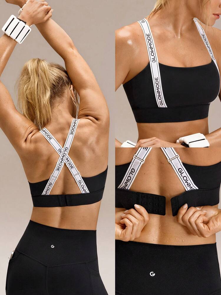 FeatherFit™-Sculpt Glow For It Compressive Sweat-Wicking Removable Cups Logo Shoulder Straps Sports Bra Medium Impact Training Running Workout Gym Studio Daily Active Wear