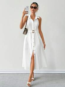 Breezaya Women's White Single-Breasted Sleeveless Shirt Dress, Crepe Elegant Summer Vintage Boho Classy Casual Dresses For Vacation,Holiday - Apricot - View 7