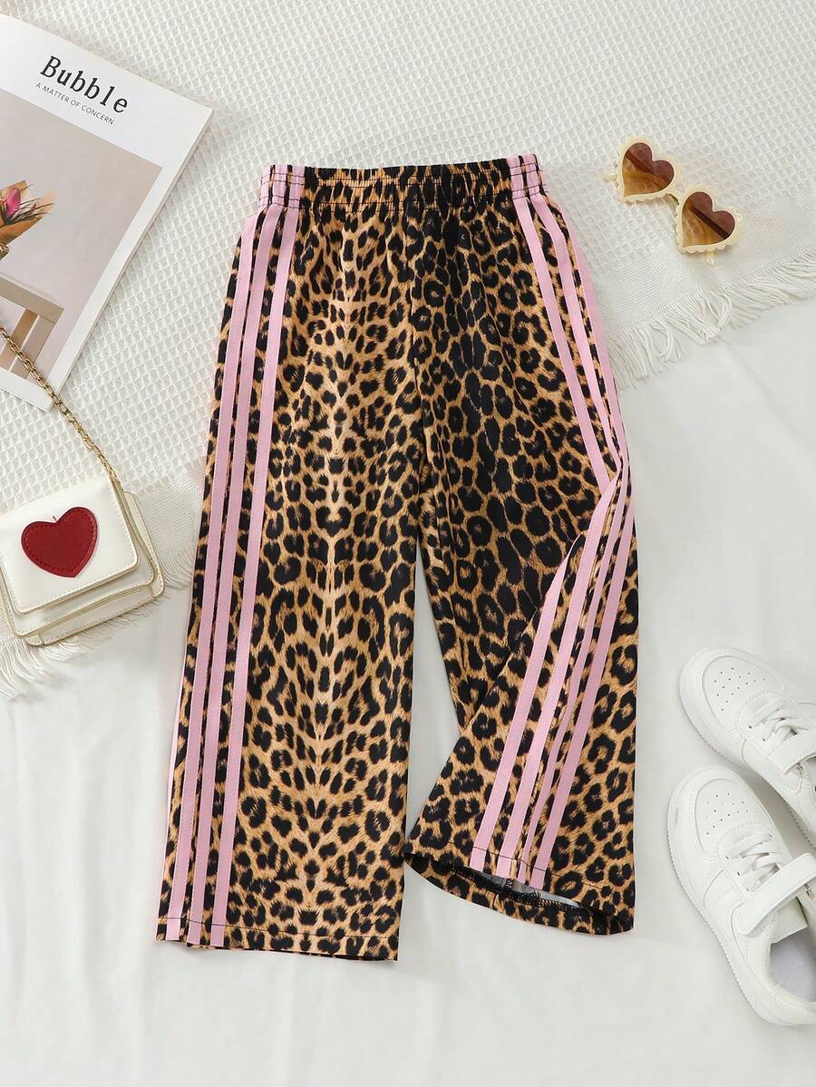 Sparklyn Young Girl Leopard Print & Striped Elastic Waist Pants - Multicolor - View 1