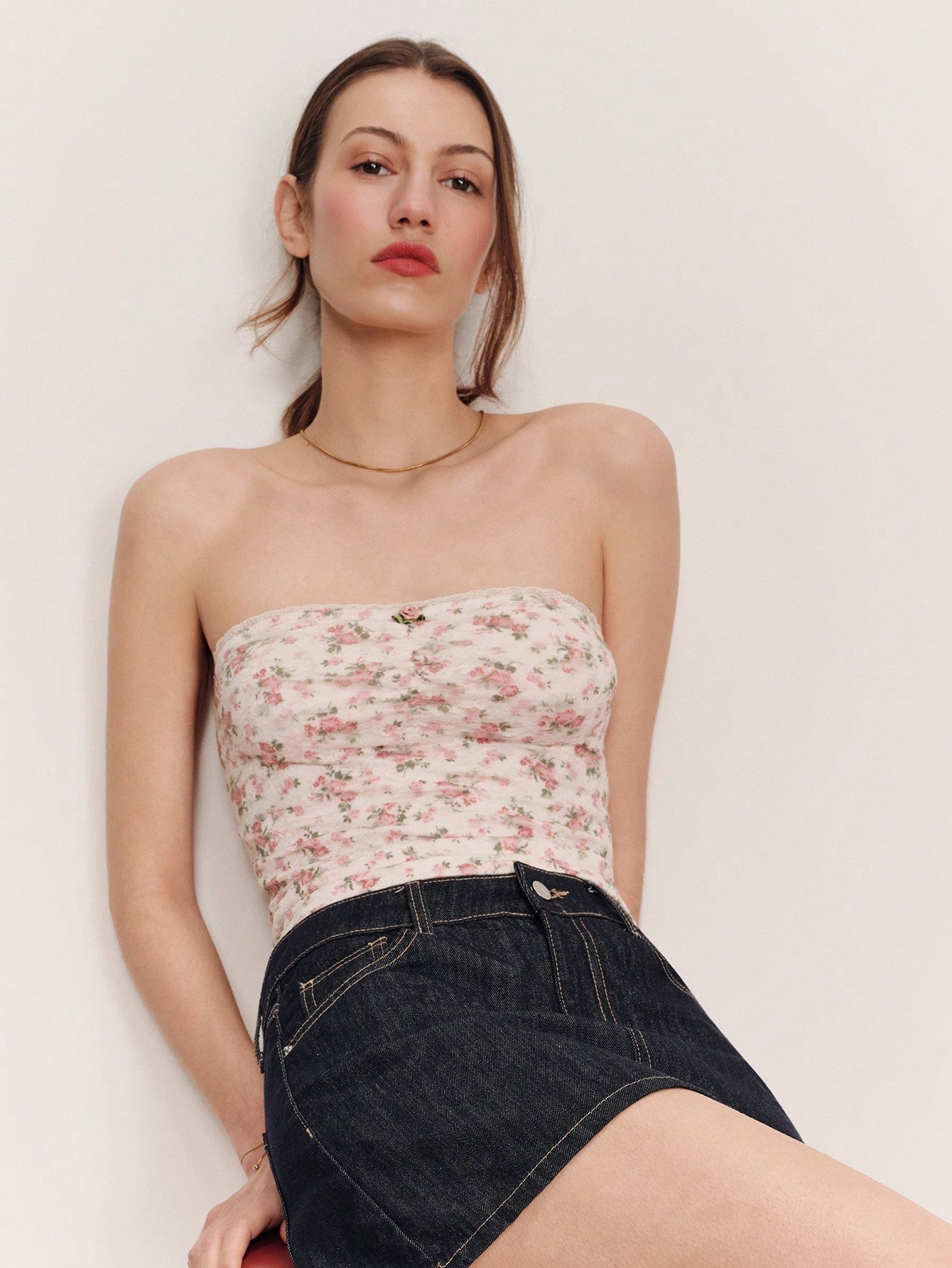 Cream Floral Lace Strapless Thank Top With Flower Trim Pink Floral Lace Top Spring Summer Going Out Vacation Top French Style Parisian Style Ladies Clothes