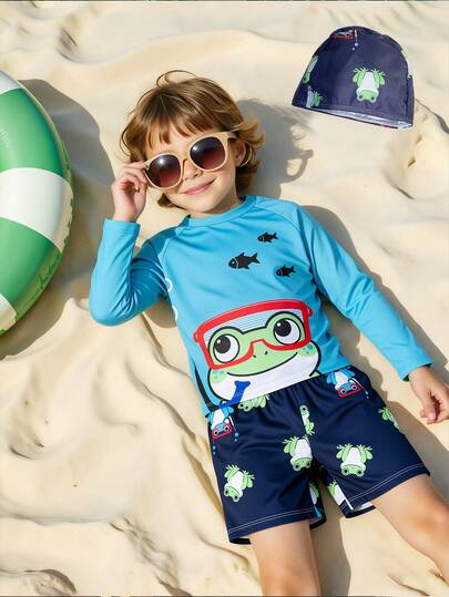 SHEIN 3 Pieces Young Boys Boys Leisure Sports Vacation Academy Street Fashion Cute Dinosaur Pattern Swimsuit Swimming Pants Comes With Swimming Cap 3 Pieces Set Suitable For Children Swimming Beach Vacation Playing Water Soaking Hot Springs Suitable For Spring, Summer, Autumn, Winter Seasons