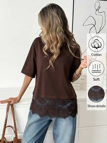 Easowa 女士黑色短袖圆领蕾丝下摆宽松T恤 - 棕色 - 查看 4