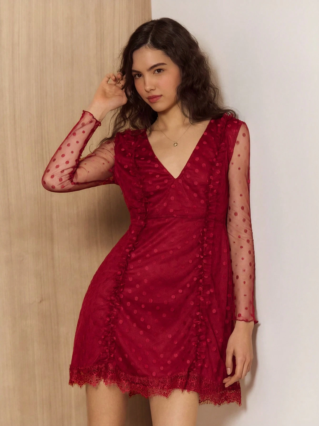 Red Polka Dot Mesh Mini Dress With Ruffle Trim And Lace Hem Vintage Look Spring Spring Dress Date Night Dress French Style Parisian Style