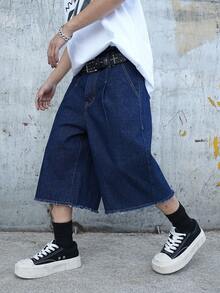 Manfinity Roughcore Men's Solid Color Minimalist Denim Wide Leg Shorts - Dark Wash - View 6