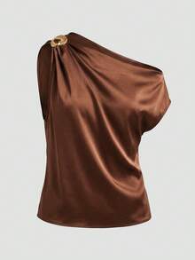 Franclia Khaki Satin Asymmetric Shoulder Sleeveless Top For Women, Plus Size Loose Fit Stylish Design Elegant Tank Top - Brown - View 9