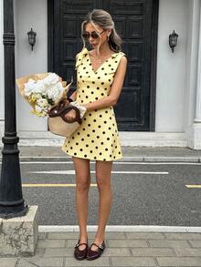 Pariaura Đầm nữ kiểu Pháp thanh lịch tối giản, thắt dây vai, họa tiết chấm bi, màu nâu sô cô la. - Màu vàng ngỗng - Xem 6