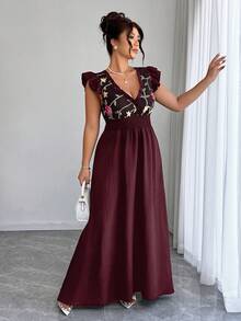 Elenzga 大码女式连衣裙，饰有花卉刺绣，交叉褶皱设计，喇叭袖，适合婚礼、派对、外出、约会、度假等场合。 - 酒紅色 - 查看 1