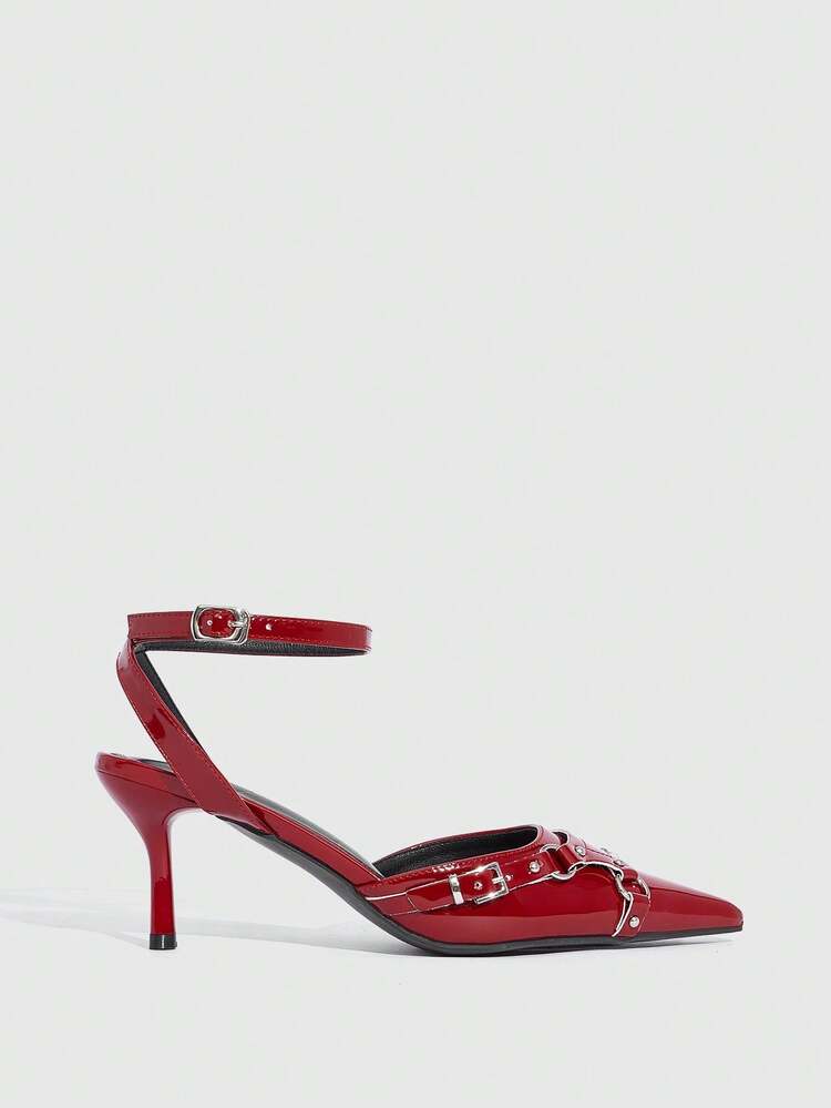 CUCCOO SZL Women's Shoes, Red Punk Pointed Thin Heel Sandals, Retro Style, Metal Buckle Decoration Shows Personalized, Multi-Metal Buckle Rivet Decoration, Slingback Cross Strap Design, Thin Heel Elongated Leg Lines, Suitable For Niche Style, Can Be Matched With Hot Girl Skirts, Tooling Style Clothing, Used For Parties, Music Festivals Or Daily Street To Create Eye-Catching Shapes