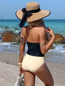Livesso Women's One-Piece Contrast Color Deep V Bowknot Casual Sexy Swimsuit Beach Golf Outfit Summer White Vacation - Beige - View 5