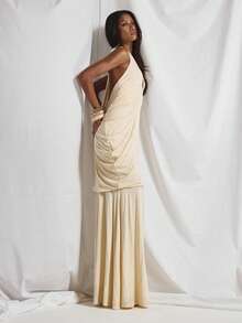 MUSERA Deep V Plunge Loose Sleeveless Ruched Draped Body Floor Length Maxi Dress Cute Holiday Sexy Night Out Vacation Spring Summer Elegant Soleil Drape - Light Yellow - View 4