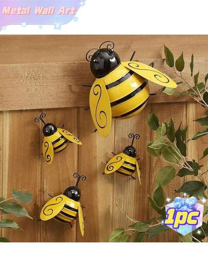 1pc Metal Bee Decor Metal Bee Wall Decor Garden Yard Fence 3D Iron Art Sculpture Ornaments For Lawn Yard Bedroom Wall Decor