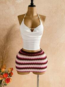 SHEIN WYWH Women's Sexy Bohemian Vacation Style Halter Backless Tie Front Top And Contrast Zigzag Print Mini Skirt Set Greece Vacation Outfit Curve Beach Outfits Beach Dinner Outfits Beach Club Outfit,Island Vacation Outfit,Music Festival Outfit,Cruise Vacation Outfit,Casual Vacation,Retro Outfit,Island Vacation Outfit,Music Festival Outfit,Cruise Vacation Outfit,Casual Vacation,Retro Outfit - Multicolor - View 7