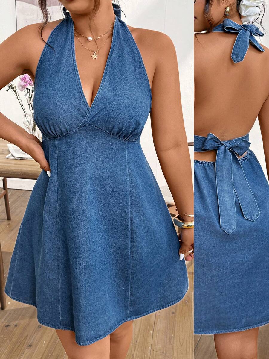 Lounesse 大码女士度假深V露背性感吊带牛仔连衣裙