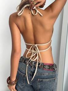 Aloruh Top sin espalda de verano casual para mujer con detalle de remaches en el cuello halter - Beis - Ver 2