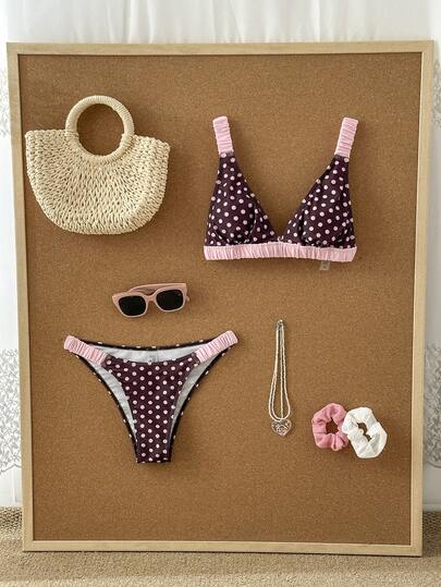 Swim Mod Bộ đồ bơi nữ, họa tiết chấm bi nâu và hồng ngẫu nhiên, màu hồng trơn, cổ chữ V, dây đeo vai nhún, 2 mảnh.