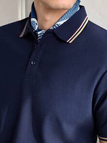 Officeau 1 件男士短袖纯色 Polo 衫，休闲商务风格翻领，夏季 - 藏蓝色 - 查看 8