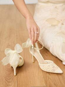 CUCCOO HITCHD 尖头细高跟镂空蕾丝和网眼蝴蝶结杏色婚礼派对优雅女士高跟鞋 - 杏色 - 查看 8