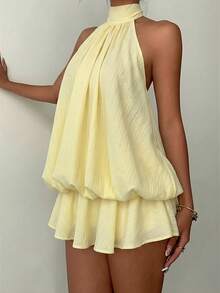 Aloruh Đầm ngắn màu vàng nhạt thanh lịch dành cho nữ, kiểu cổ yếm buộc dây. - Màu vàng - Xem 2