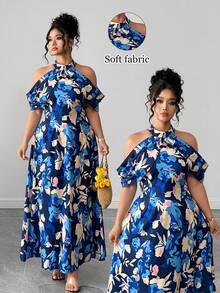 Elenzga Plus Size Floral Print Cold Shoulder Maxi Dress, Casual Holiday Style - Multicolor - View 1