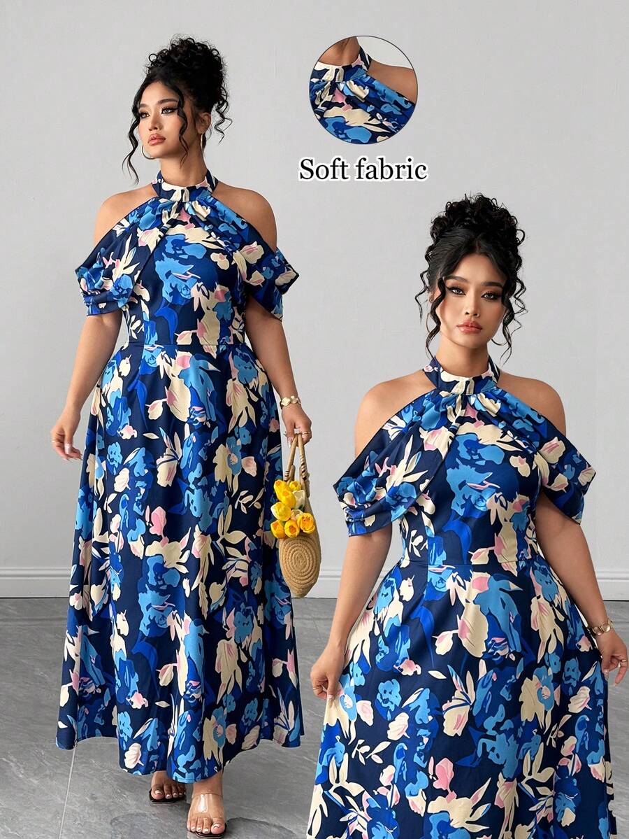 Elenzga Plus Size Floral Print Cold Shoulder Maxi Dress, Casual Holiday Style - Multicolor - View 1