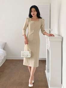 DAZY Women's Square Neck Fitted Waist Short Sleeve Midi Commuter Dress - Khaki - View 5