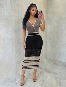 Eryvara Colorblock V-Neck Short Sleeve Fitted Elegant Knit Dress, Vacation Style - Multicolor - View 3