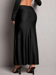 SHEIN PETITE Falda bajo de sirena unicolor fruncido - Negro - Ver 2