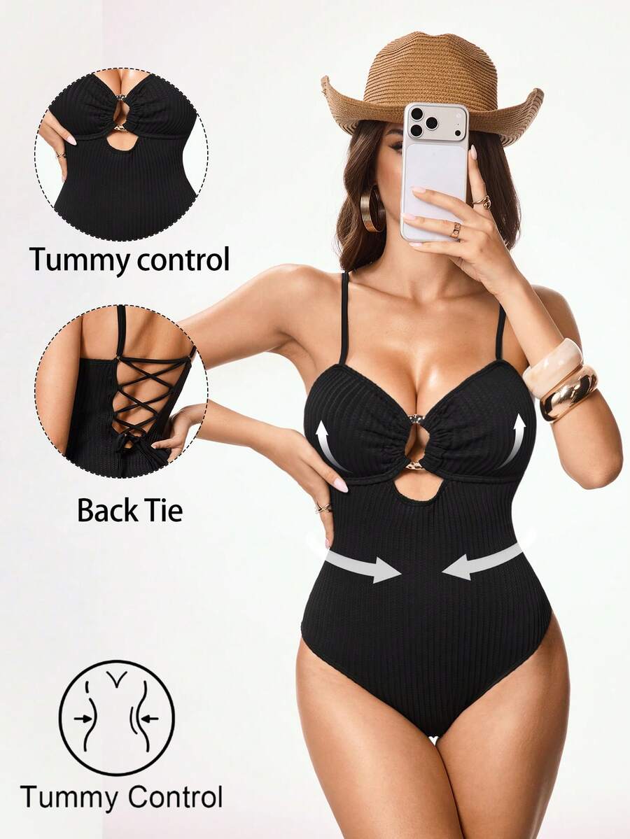 Shapewave 1 pièce Maillot de bain une pièce pour femme avec décoration d'anneau métallique, design à lacets ajourés, taille cintrée - Noir - Voir 1