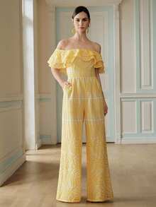 Anewsta Bộ trang phục thanh lịch mùa xuân/hè dành cho nữ, áo liền quần ống rộng trễ vai xếp ly, màu vàng nhạt thời trang, phù hợp cho các dịp thường nhật, đi làm, hẹn hò, du lịch. - Màu vàng - Xem 3