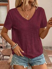 SHEIN Frenchy Áo kiểu trễ vai phối ren cho mùa cưới hè, áo thun, trang phục không thể thiếu, bộ đồ hè, trang phục cưới mùa hè, phong cách Pháp. - Màu Đỏ Sâu - Xem 4