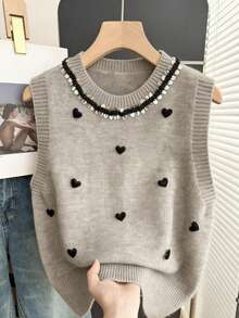 女士心形串珠装饰无袖针织背心 - 灰色 - 查看 3