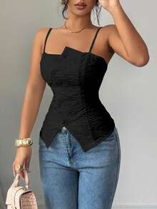 Elenzga Women's Spring/Summer New Arrival French Retro Elegant Elegant Casual Commute High-End Textured Fabric Camisole With Waist Cinching And Side Slit - Black - View 3