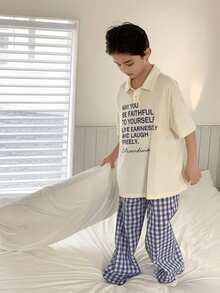 Dazy Kids Set Piyama Musim Panas untuk Anak Laki-Laki Usia 10-12 Tahun: Atasan Lengan Pendek dengan Motif Slogan dan Celana Kotak-kotak - Aprikot - View 4