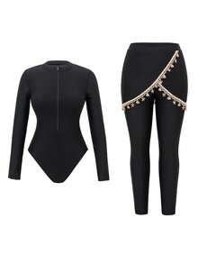 Swim Mulvari Bộ đồ bơi Burkini 2 mảnh màu trơn dành cho nữ, tay dài, có khóa kéo, gồm quần dài và váy. - màu đen - Xem 3