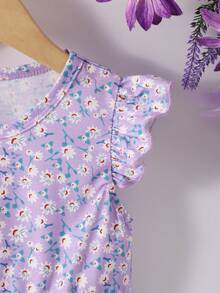 2pcs/Pack Young Girl Lilac Ditsy Flower Flutter Sleeve Dresses - Mauve Purple - View 8
