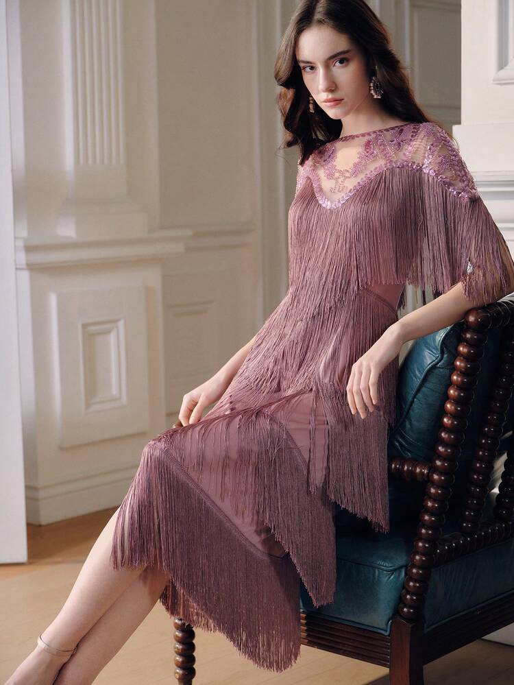 Women's Spring/Summer Lotus Pink Dress, Elegant Party Dress With Sequins And Beads, Fashion Cocktail Evening Dress