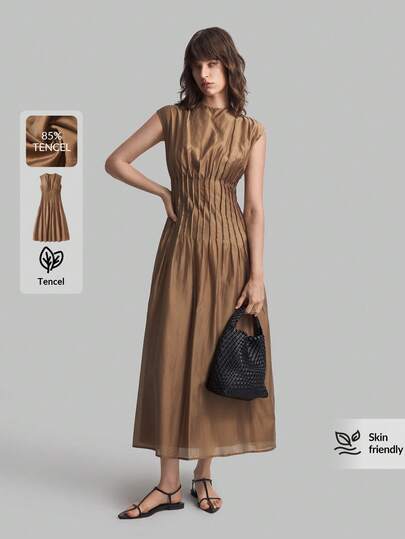 Ontre 2026春夏女士长裙，棕色，优雅纯色，收腰长袖褶皱连衣裙，适合休闲都市装扮、简约时尚通勤、优雅简约风、教师节服装、独立日、海滩度假、毕业典礼、办公室等场合，是一款时尚百搭的女士长裙。