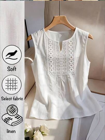 Franclia 波西米亚复古蕾丝拼接无袖上衣，白色蕾丝拼接吊带背心，适合度假和通勤