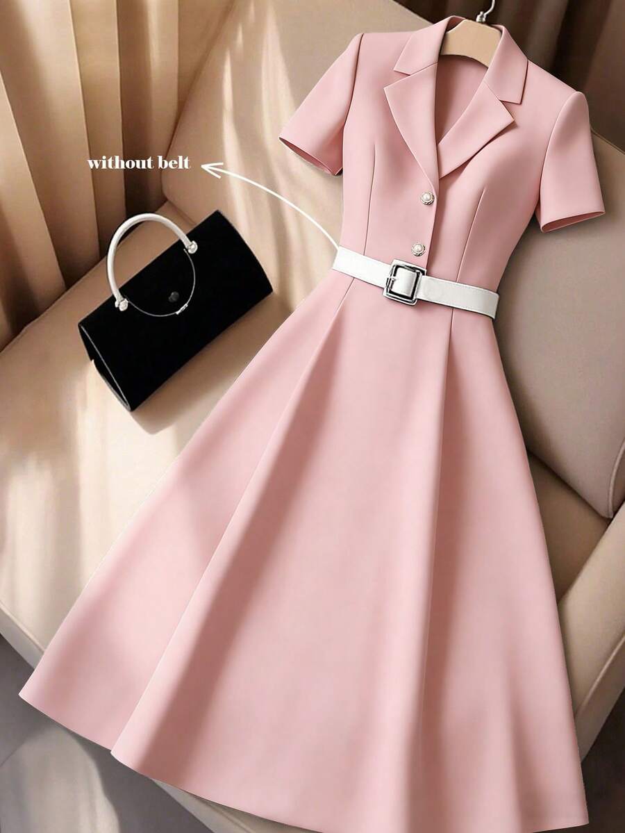 SHEIN Franclia 粗竹结面料，正面金属扣珍珠蘑菇纽扣，中长连衣裙 - 淺粉色 - 查看 1