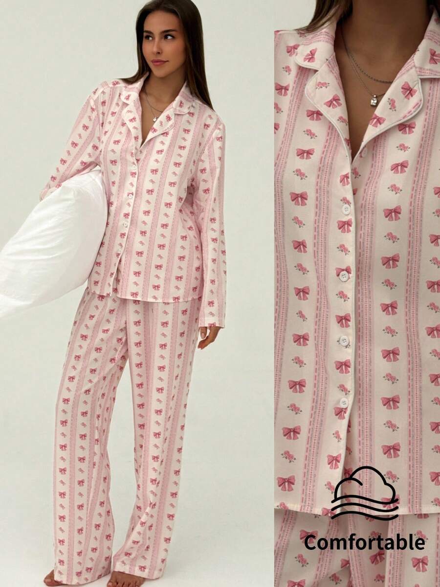 Aloruh Conjunto de camisa y pantalones con estampado de rayas rosadas, versátil para usar en casa y al aire libre - Rosa - Ver 1