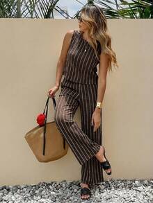 SHEIN Frenchy Women's Striped Print Camisole And Pants Casual 2 Pieces Set - Brown - View 5