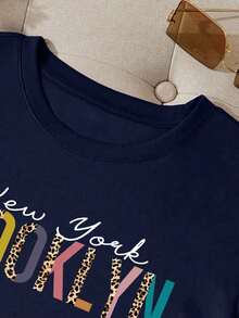 Camiseta con gráfico de leopardo y letra, camisetas con estampado de guepardo para mujeres - Azul marino - Ver 2