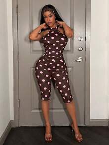 Slaydiva Mùa xuân mới, Lễ hội âm nhạc Xuân Hè, Ngày Valentine, Lễ Phục Sinh, Phong cách thường ngày, Đơn giản và cơ bản, Đường phố Y2K, Ngọt ngào và phổ biến, Kỳ nghỉ du thuyền, Hẹn hò hàng ngày, Phong cách cô gái nóng bỏng, Tiệc tùng gợi cảm, Áo cổ yếm, Thắt dây, Hở lưng, Eo, Quần bó xếp ly, Quần lửng, Nền trắng, Bộ liền thân chấm bi đen, Bộ liền thân bó sát dành cho nữ -A - màu nâu - Xem 7