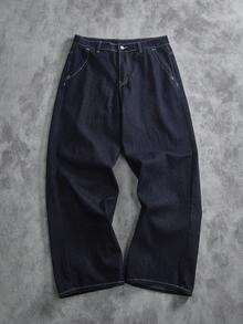 Manfinity ZONE917 男士时尚口袋印花宽松牛仔裤 - 深色水洗藍 - 查看 2