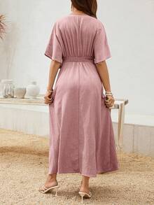 SHEIN 孕妇夏季休闲度假风纯色V领蝙蝠袖褶皱连衣裙 - 粉色 - 查看 2