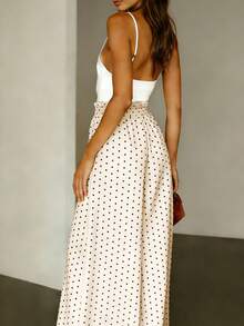 Pariaura 女士法式优雅复古焦糖棕色波点阔腿裤——轻松打造休闲夏日办公室造型 | 高腰抽绳设计，修身显瘦 | 雪纺垂坠质感，尽显休闲优雅 - 杏色 - 查看 4